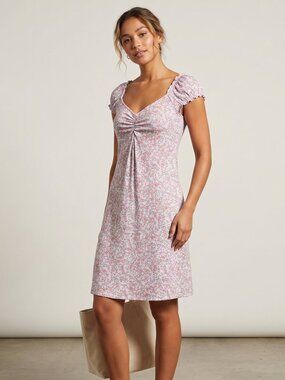 NWT | Pink Floral Print Milkmaid Style Ruched Bust Puffy Sleeve Mini Dress | XLa